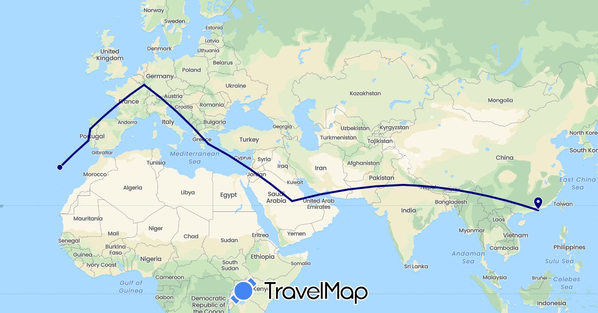 TravelMap itinerary: driving in China, Greece, India, Luxembourg, Portugal, Saudi Arabia (Asia, Europe)